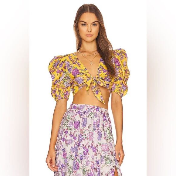 NWT HEMANT and NANDITA Dhea Crop Top Tie-Front Canary Yellow Boho Floral Medium - Picture 1 of 12